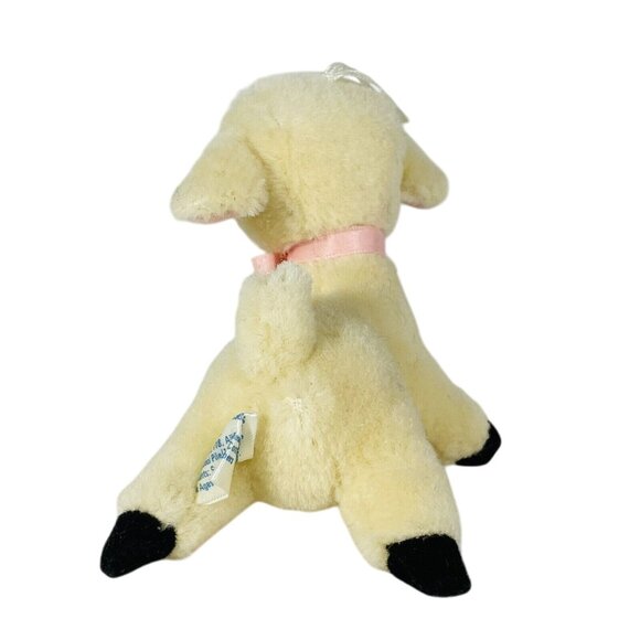 R Dakin Wool Pile Lamb Plush Ornament Sheep With Pink Bow Vintage - Picture 3 of 10